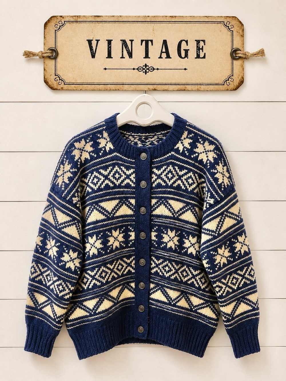 VINTAGE – NAVY WOOL CARDIGAN WITH NORDIC PATTERN – SIZE L/XL (ESTIMATED)